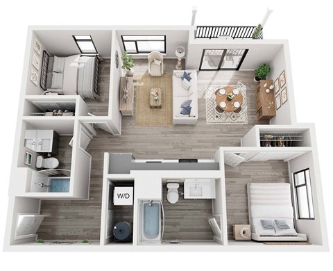 Floor plan for 2 beds, 2 baths, 894 sqft